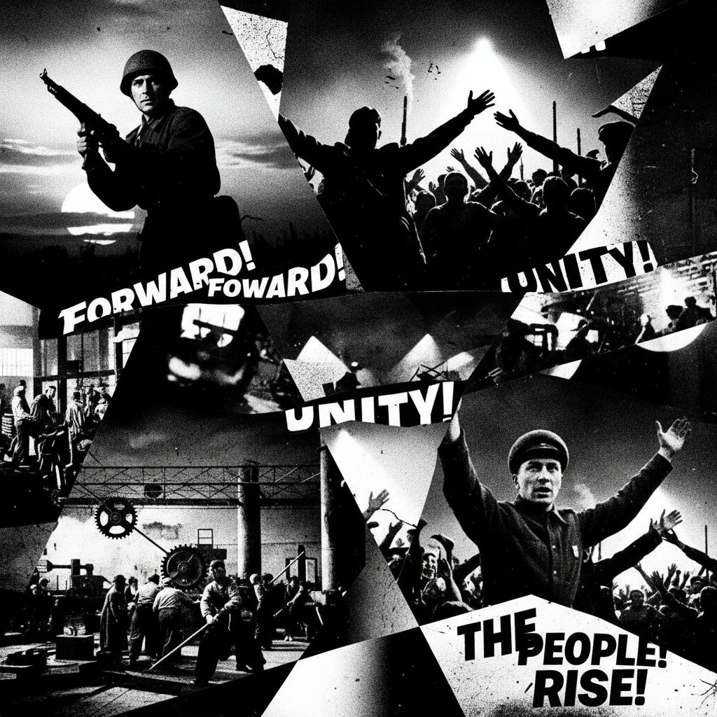 Montage of famous propaganda film scenes, high-contrast and visually striking