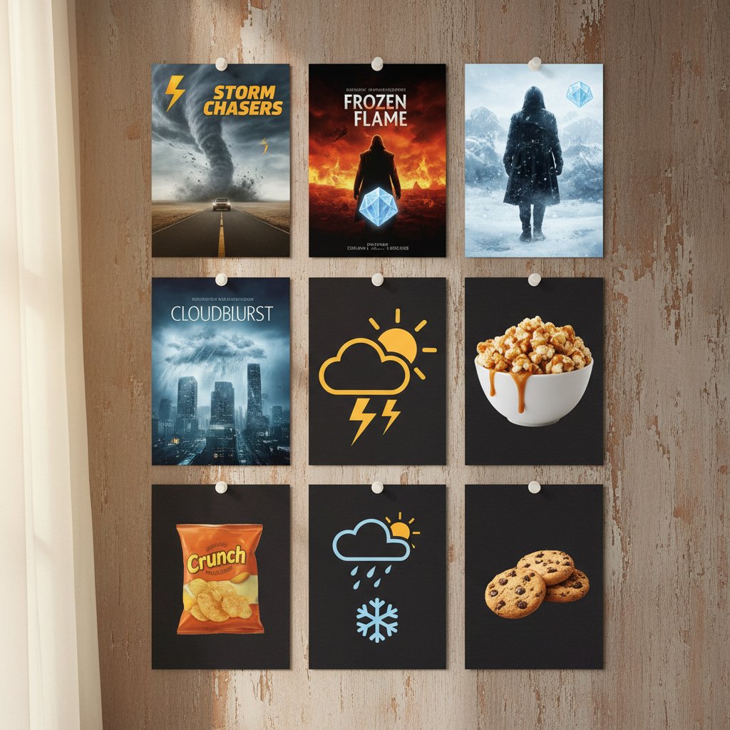 Mood board photo with movie covers, weather icons, snacks, weather comedy cinema