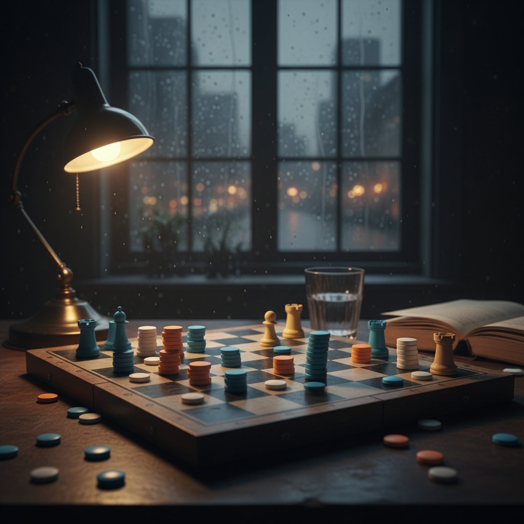 Stabilizatory nastroju na stole psychiatry, butelki leków i szachy, ponury klimat miasta
