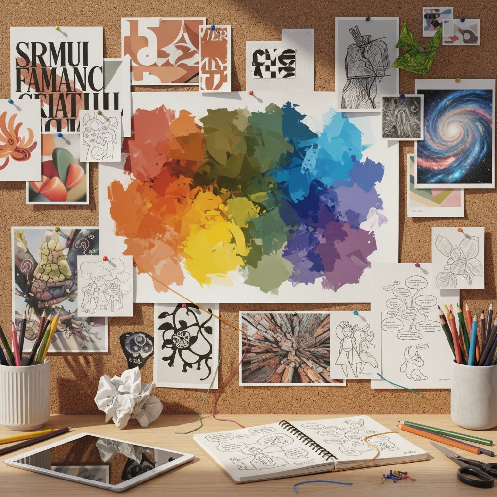 Tablica inspiracji (moodboard) z różnorodnymi grafikami, kolorami i materiałami; słowa kluczowe: inspiracje graficzne, moodboard, tworzenie grafik DIY