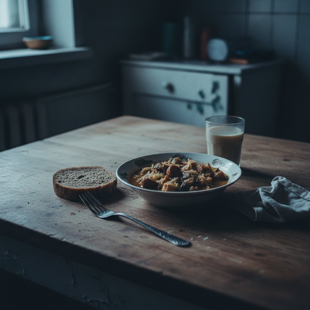 Jeden minimalistyczny posiłek na stole w polskiej kuchni o zmierzchu, pokazujący esencję OMAD