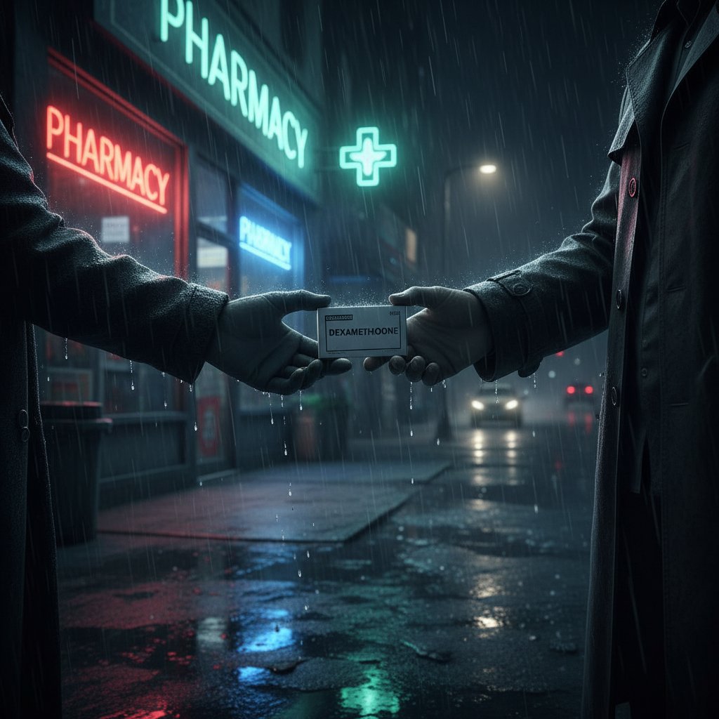 Anonimowa wymiana deksametazonu pod apteką nocą.