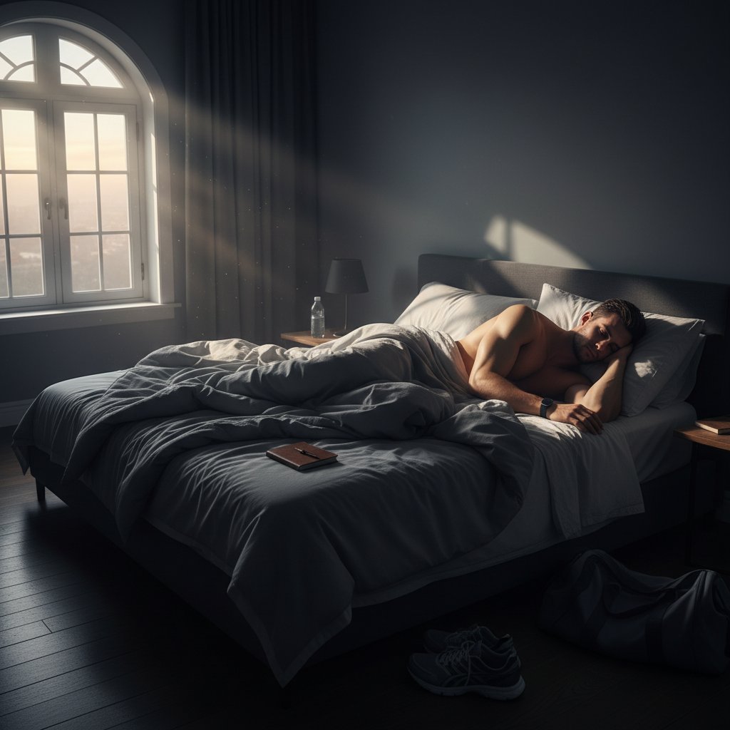Sportowiec śpiący w ciemnej sypialni, świt za oknem