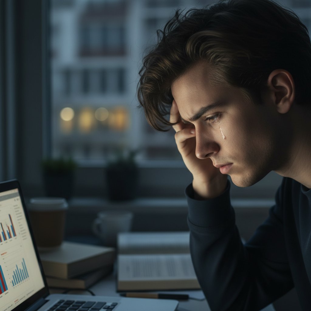 Nachdenklicher Schüler vor dem Laptop nach dem Wechsel zu interaktivem Lernen
