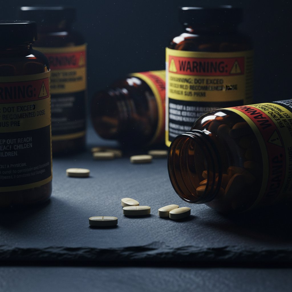 Ostrzeżenia i skutki uboczne BCAA – pigułki na ciemnym tle, dramatyczne światło