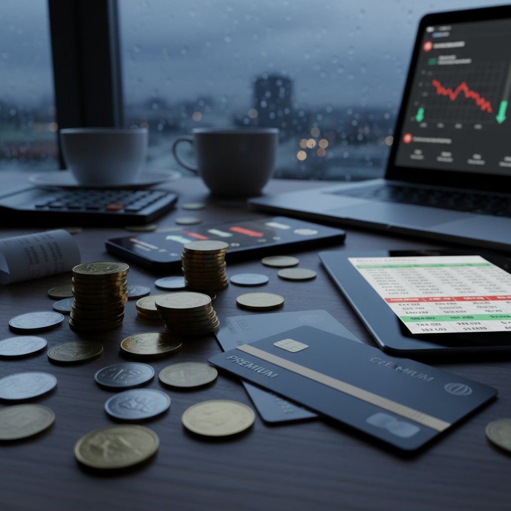 Monety, karta kredytowa i cyfrowe urządzenia na biurku – symbol kosztów nauki online
