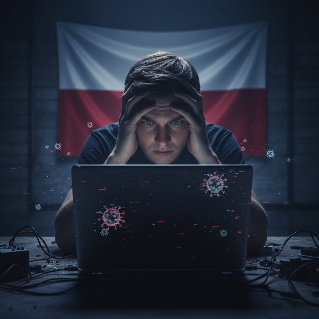 Dłonie chroniące laptopa, cienie symbolizujące cyfrowe zagrożenia, polska flaga w tle