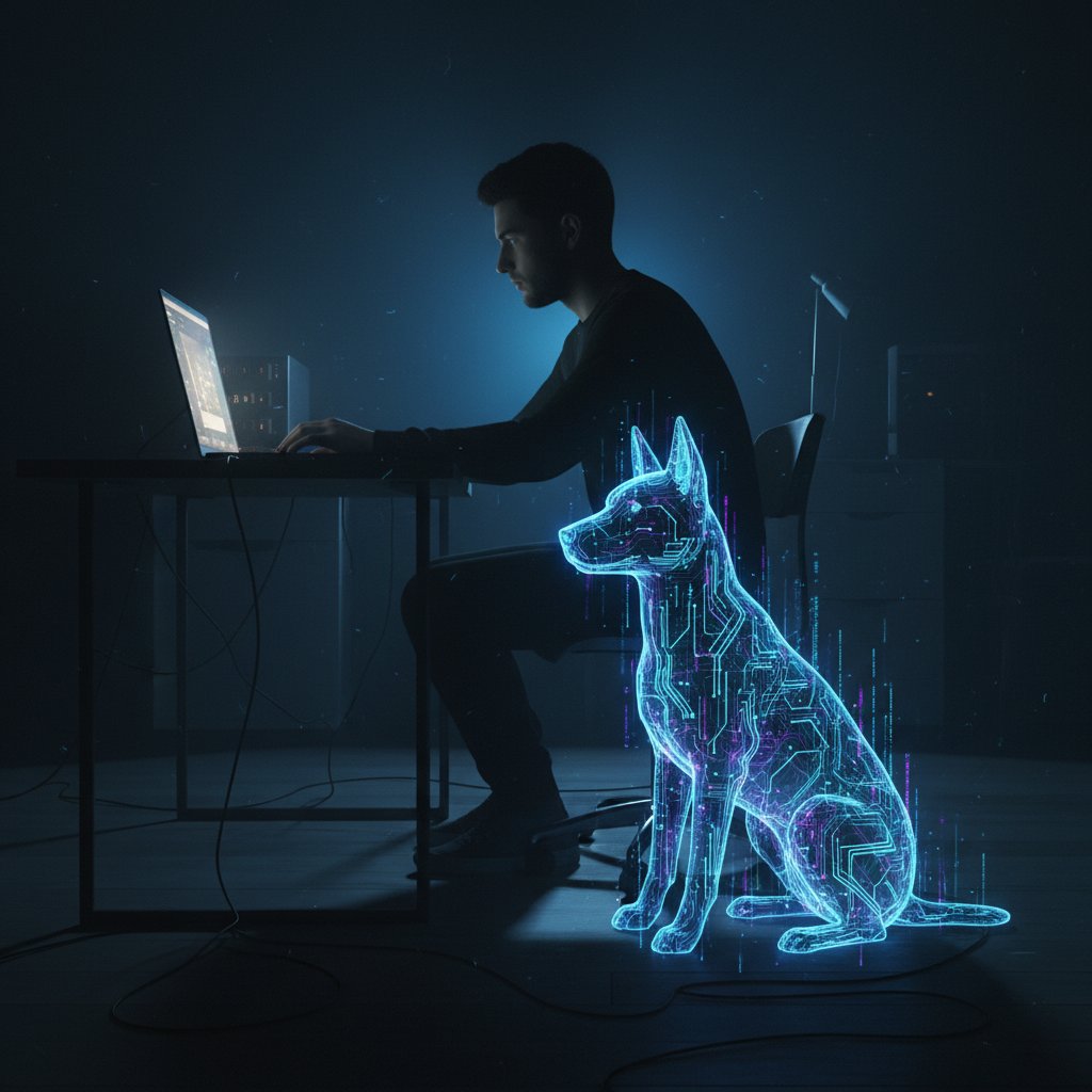 Osoba samotnie przy komputerze z wirtualnym psem na ekranie