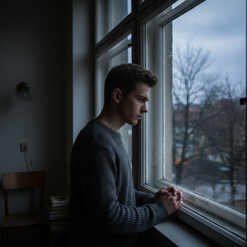 Młody dorosły zamyślony przy oknie, deszczowa pogoda