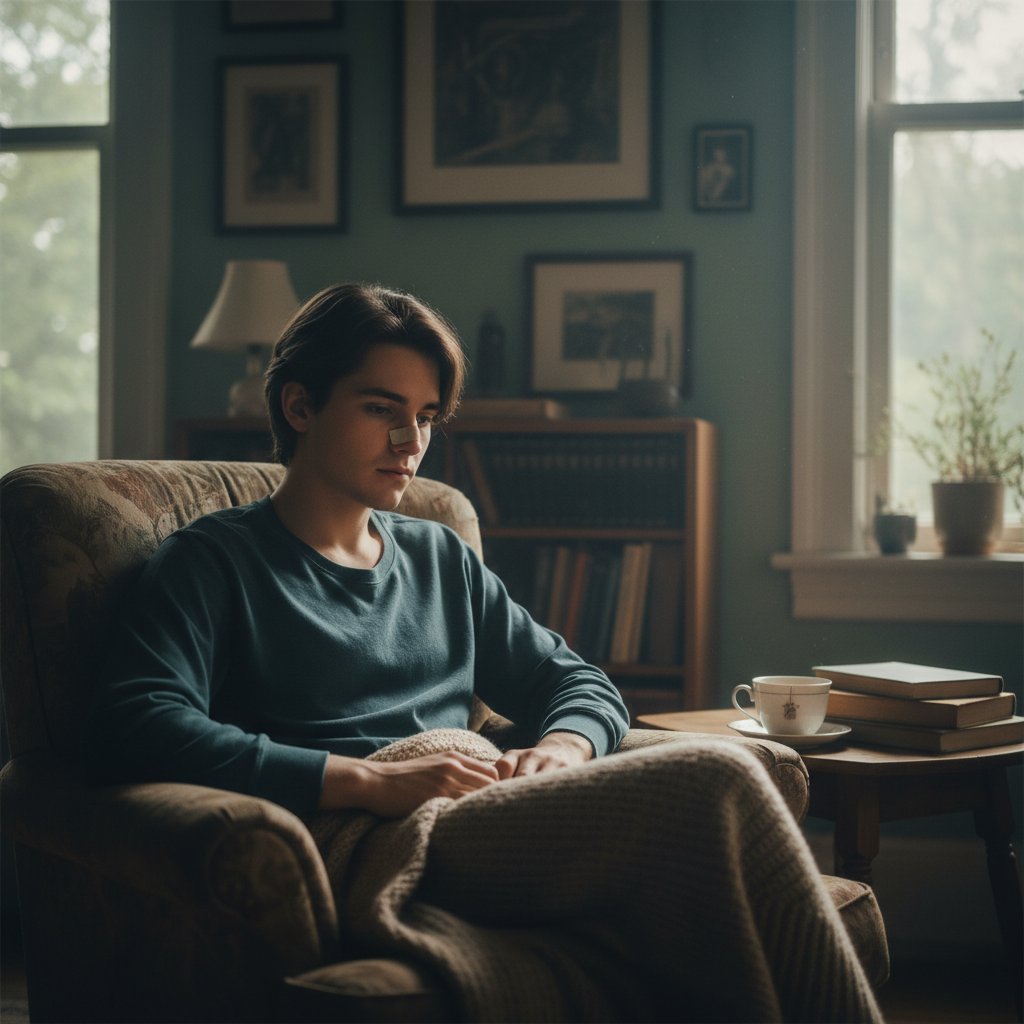 Pacjent w domu po zabiegu septoplastyki, opatrunek na nosie, realna atmosfera