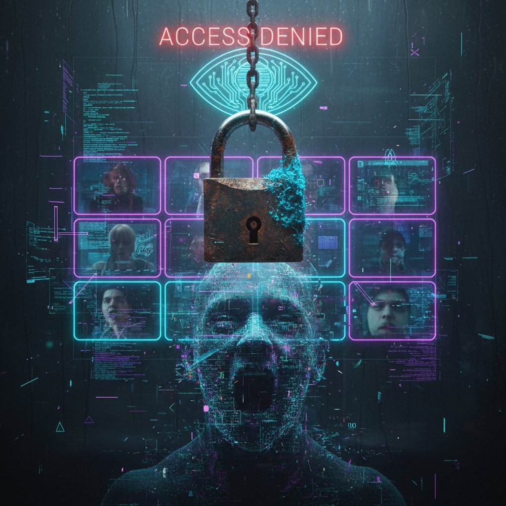 Kłódka i cyfrowe cienie na ekranie rozmowy wideo, styl cyberpunk, bezpieczeństwo psycholog online