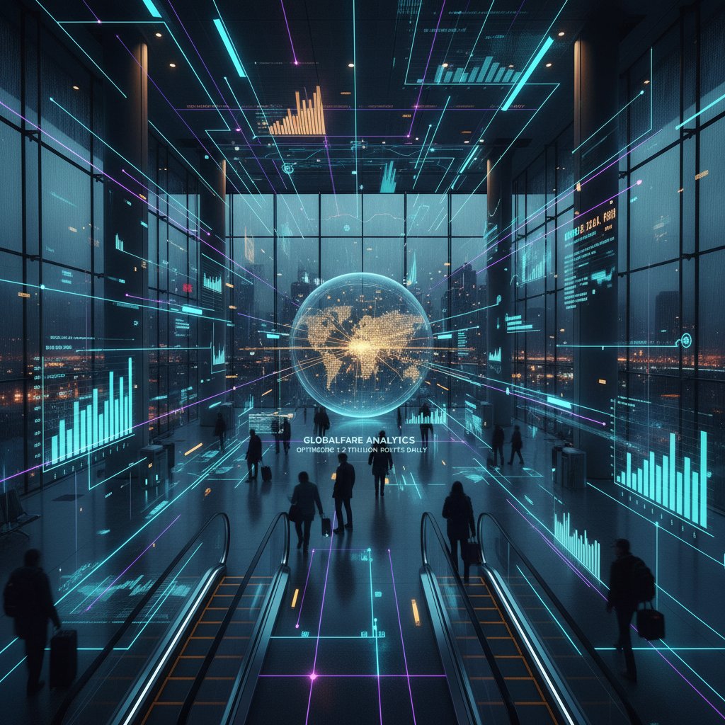 Moody airport terminal with glowing data lines symbolizing airfare algorithms