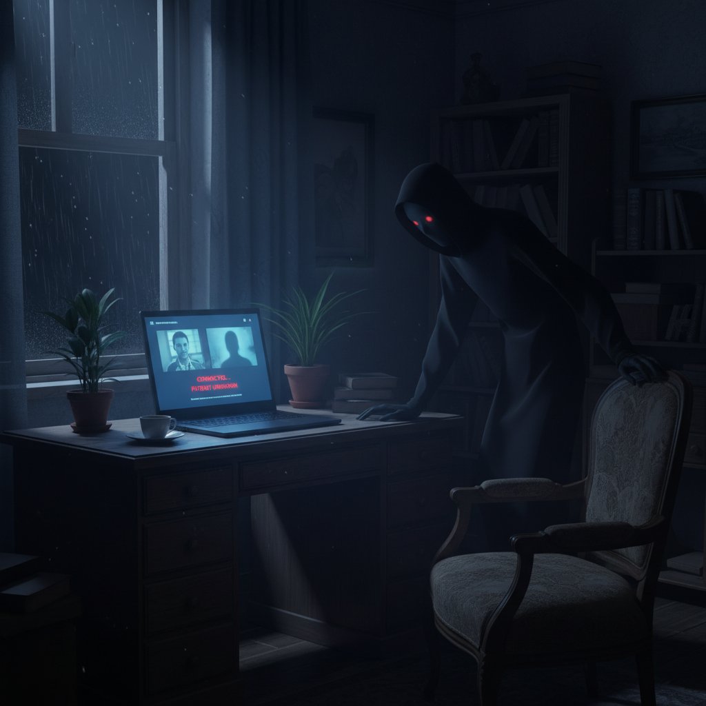 Zamglony pokój, laptop z otwartą platformą telemedyczną, osoba w cieniu analizująca wyniki badań, klimat nocny, intensywne światło ekranu