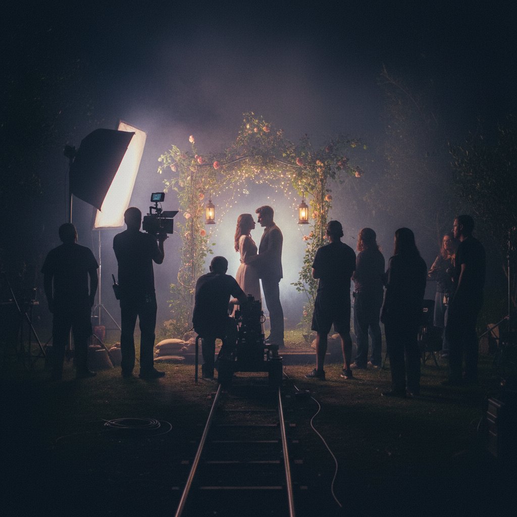 Film crew orchestrating a romantic scene, highlighting the artistry of romance movies.