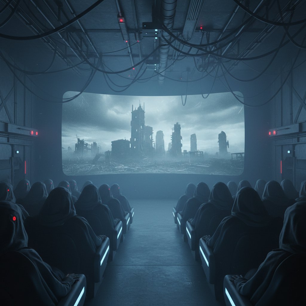 Moody, wide shot of crowded cinema where viewers watch an intense dystopian scene. Alt: Audience reacting to a Francis Lawrence movie.