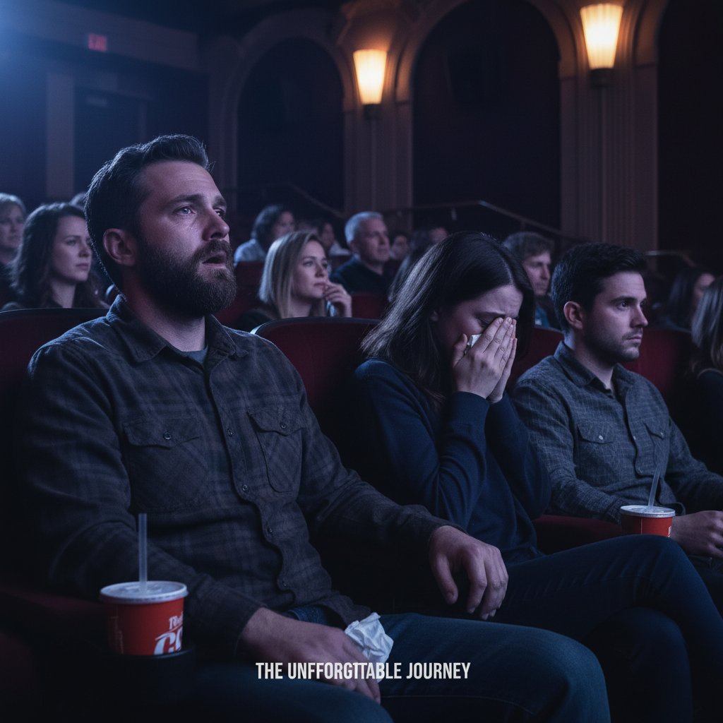 Moody cinema audience experiencing emotional true story movies, close-up faces in dramatic light