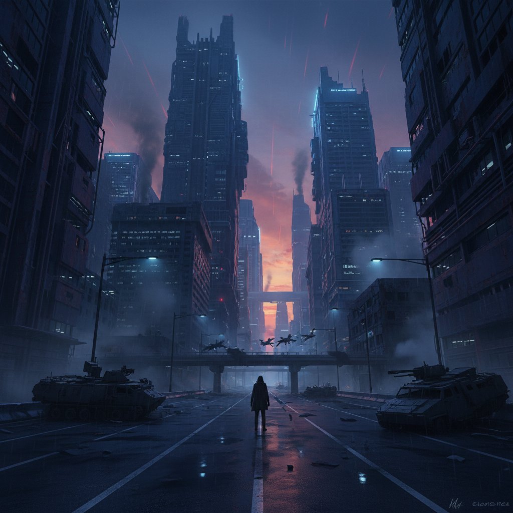 Moody, cinematic shot of empty city streets at twilight, symbolic of dystopian isolation, 16:9, high drama