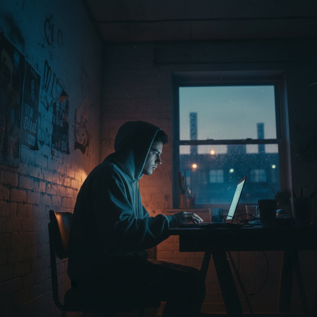 Osoba siedząca w ciemnym pokoju, ekran laptopa oświetla twarz, atmosfera miejska i surowa; temat: samopoczucie online