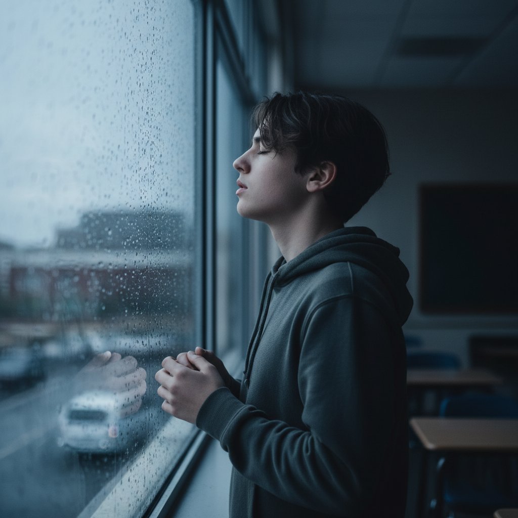 Uczeń uspokaja się przed egzaminem, patrząc przez okno