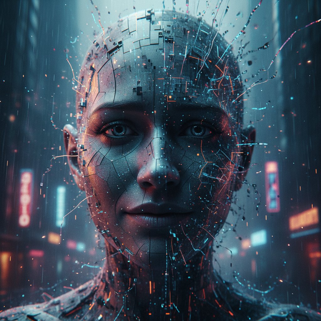 Portret osoby z wyrazistymi emocjami na twarzy, z cyfrowymi danymi nakładającymi się na obraz, emocjonalny profil użytkownika