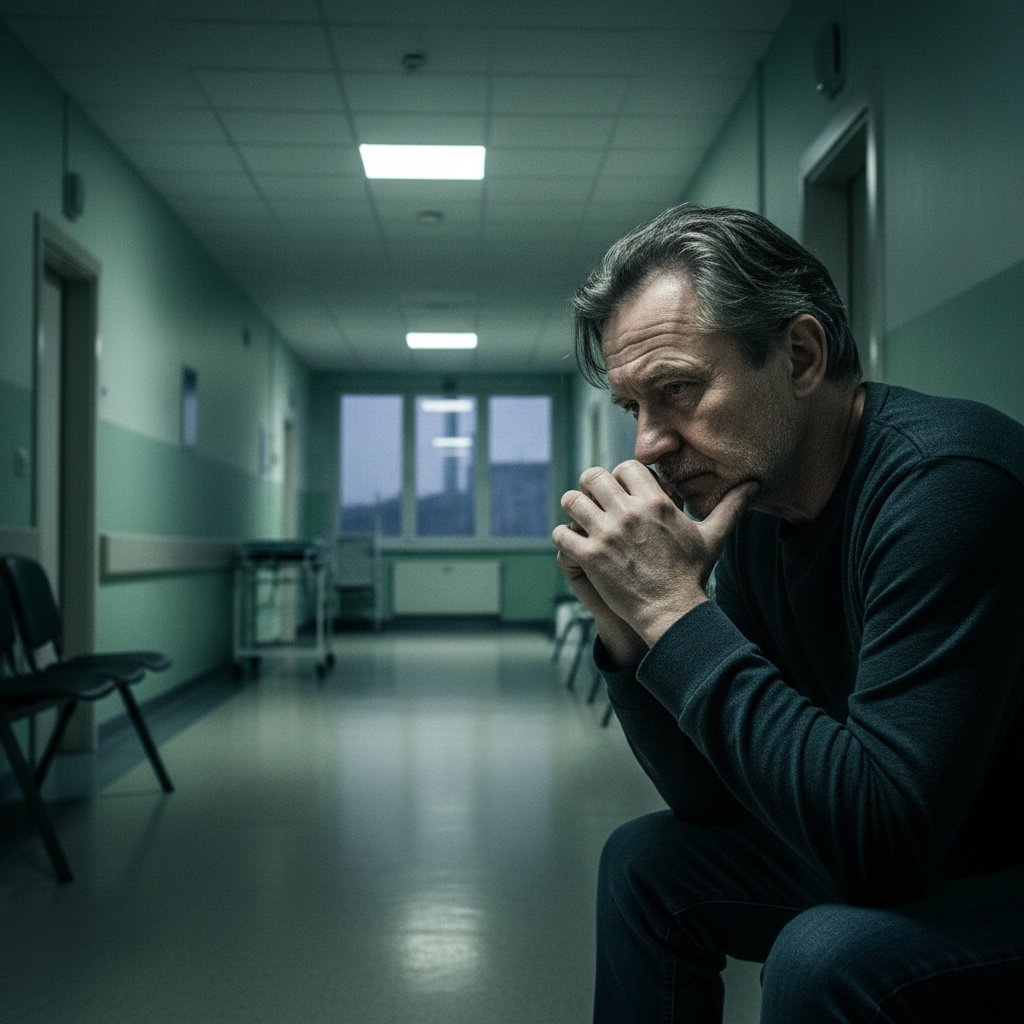 Osoba zmagająca się z neuropatią w szpitalnym korytarzu