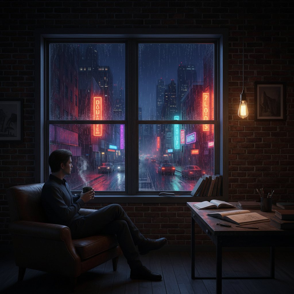 Osoba siedząca samotnie w nocnym mieszkaniu w mieście, patrząca przez okno na puste ulice, światła neonów odbijające się w szybie, atmosfera nostalgii