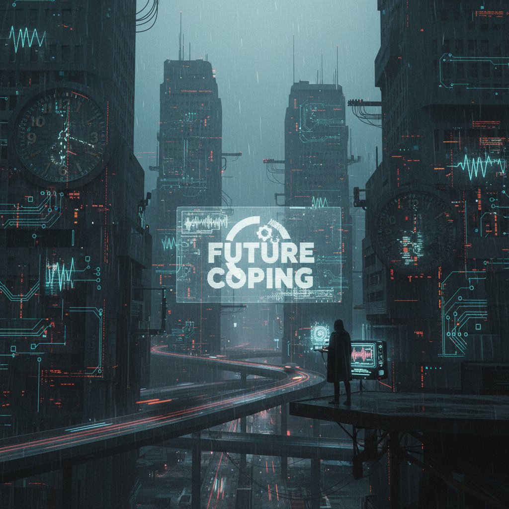 Abstrakcyjny krajobraz miasta łączący motywy analogowe i cyfrowe, symbolizujący przyszłość intelektualizacji