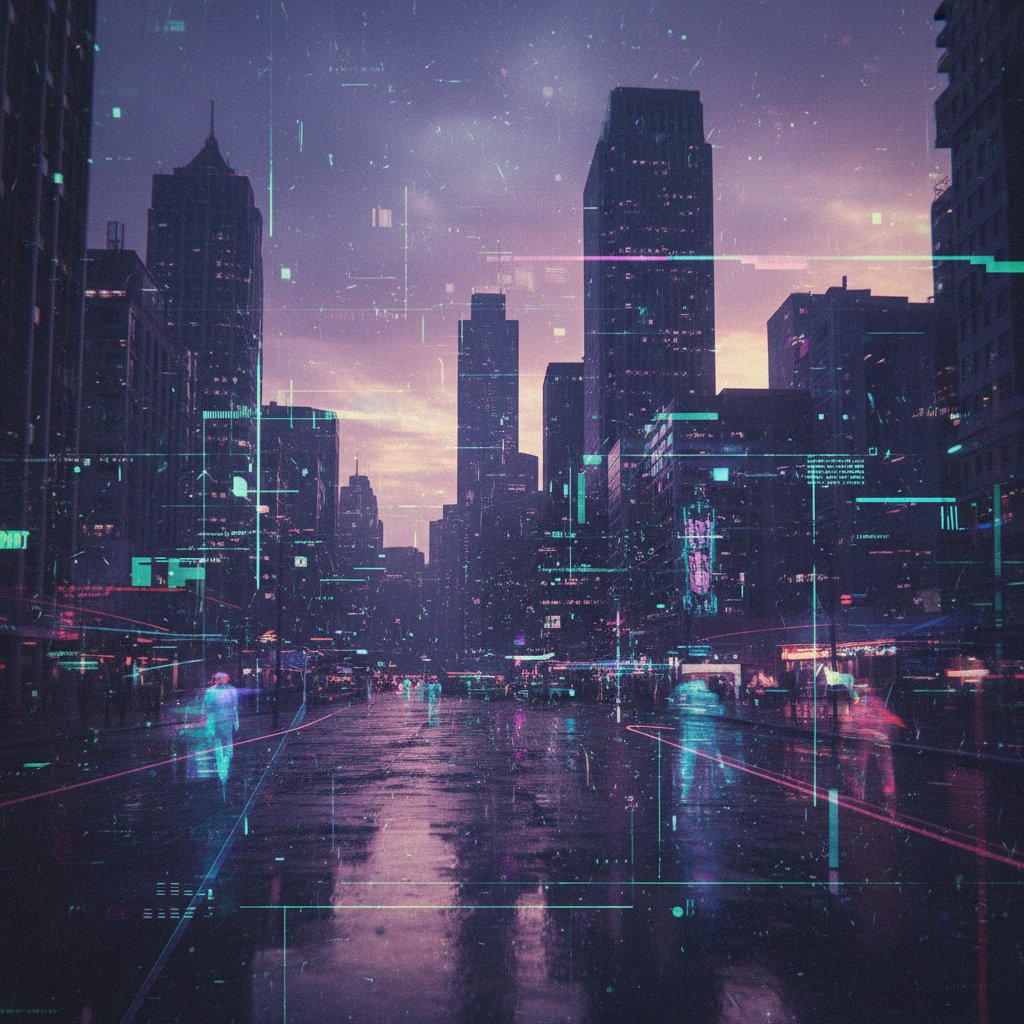 Polska noc, miasto i samotna osoba przed komputerem, nastrojowy klimat, cyfrowe elementy