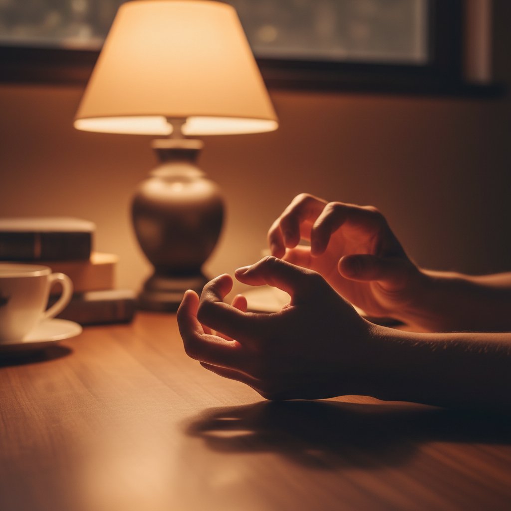 Zestresowane dłonie wieczorem na stole w blasku lampki, symbolizujące wieczorny stres i potrzebę odprężenia