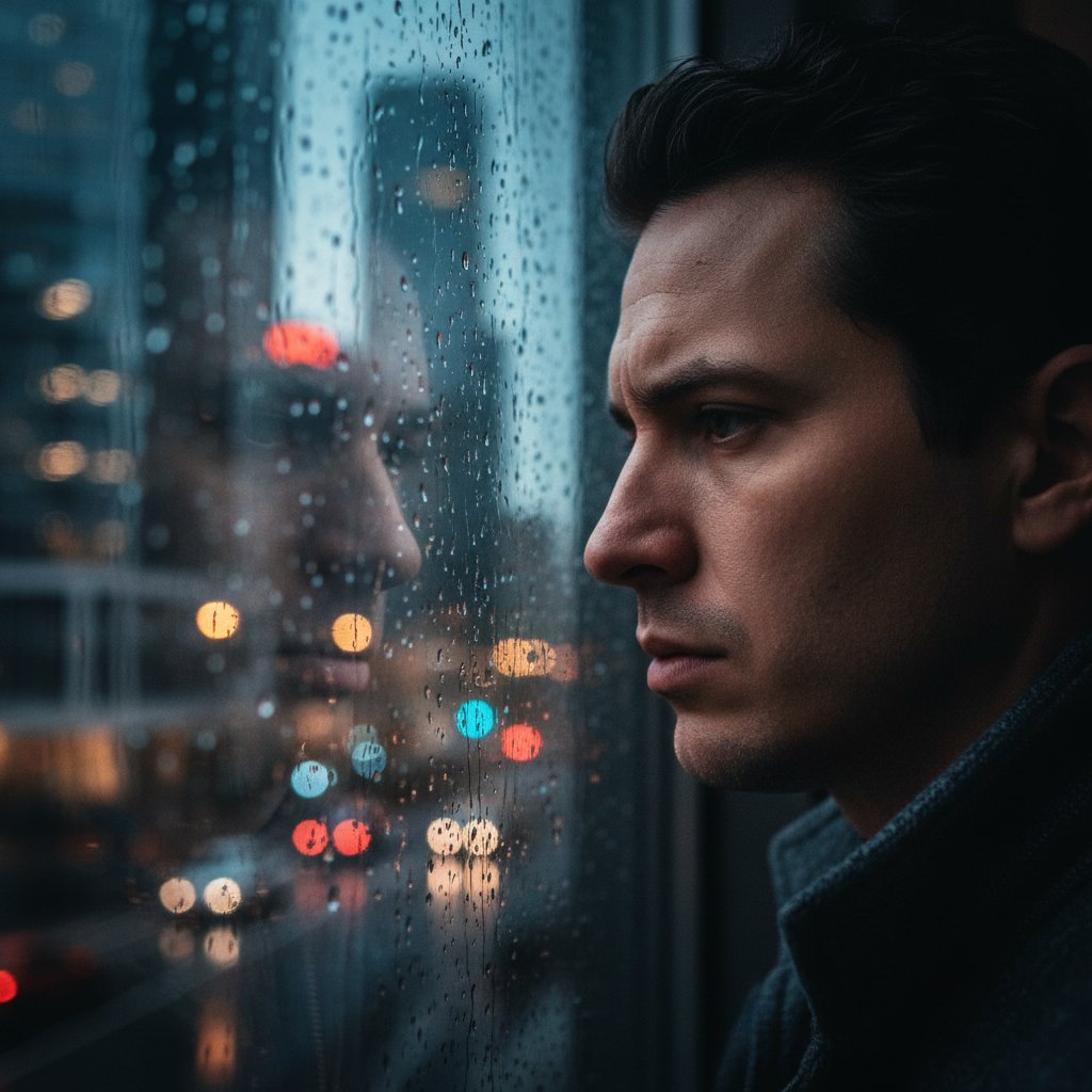 Osoba patrząca w zamyśleniu na swoje odbicie w mokrym oknie – symboliczne spojrzenie na własne emocje