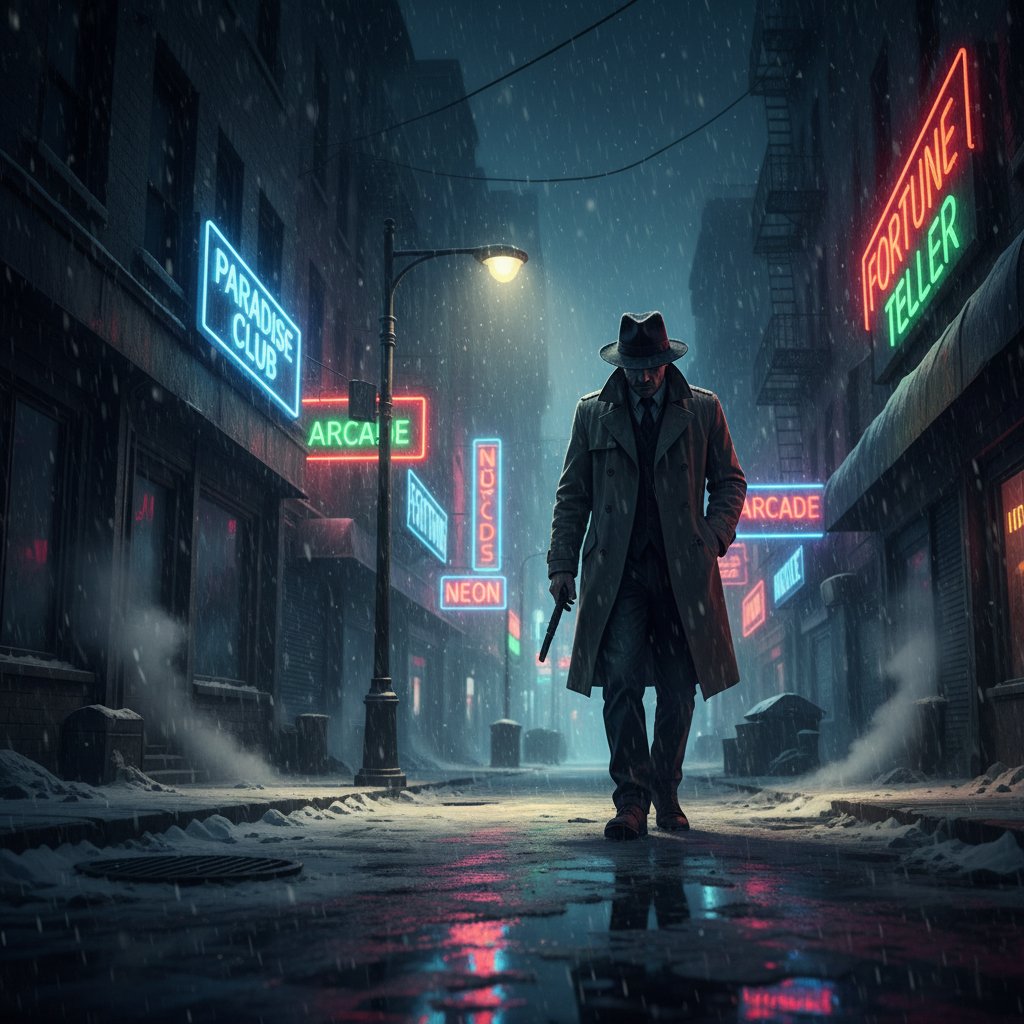 Moody detective in a snowy urban street, neon lights, classic nordic noir