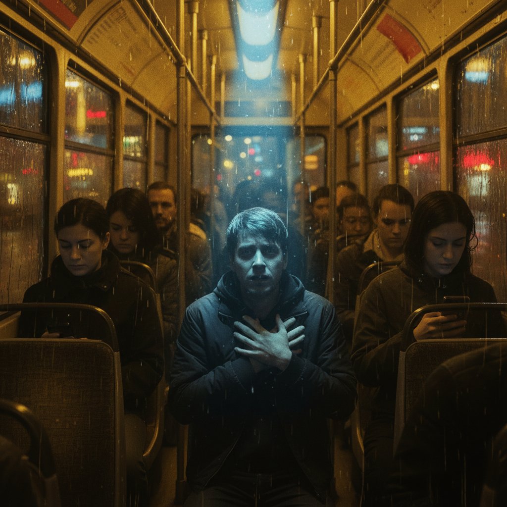 Osoba przeżywająca atak paniki w zatłoczonym tramwaju nocą
