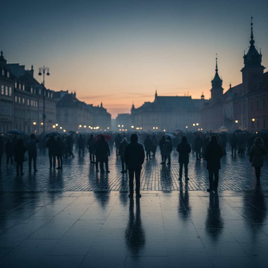 Osamotniona osoba w tłumie na ulicy Warszawy, obrazująca problem samotności na tle społeczeństwa w Polsce