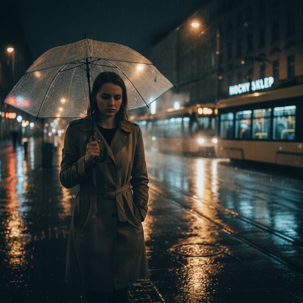 Samotność w wielkim mieście – wizualizacja depresji, noc, deszcz, okno, miejskie światła