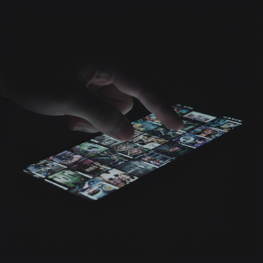 Kciuk przewijający nieskończony feed na smartfonie, symbolizujący uzależniający charakter social mediów