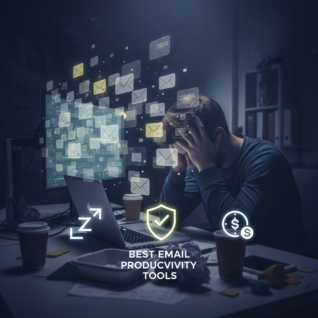 Moody editorial photo of a person staring anxiously at a glowing inbox in a dark office. High contrast. Alt: Worker overwhelmed by email notifications and seeking best email productivity tools.