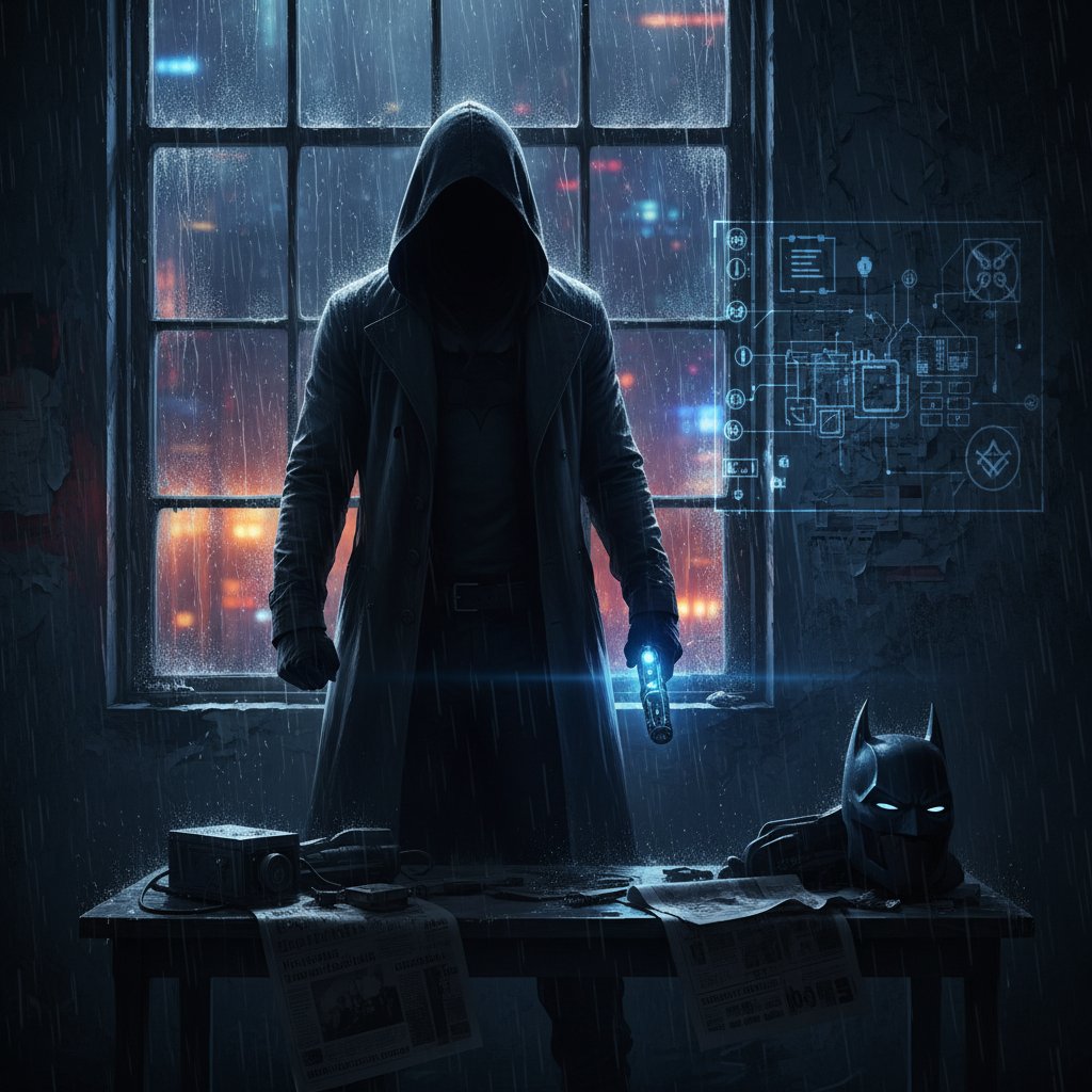 Moody photo of a figure in shadow, half face visible, cityscape blurred in background, movie secret identity movies aesthetic