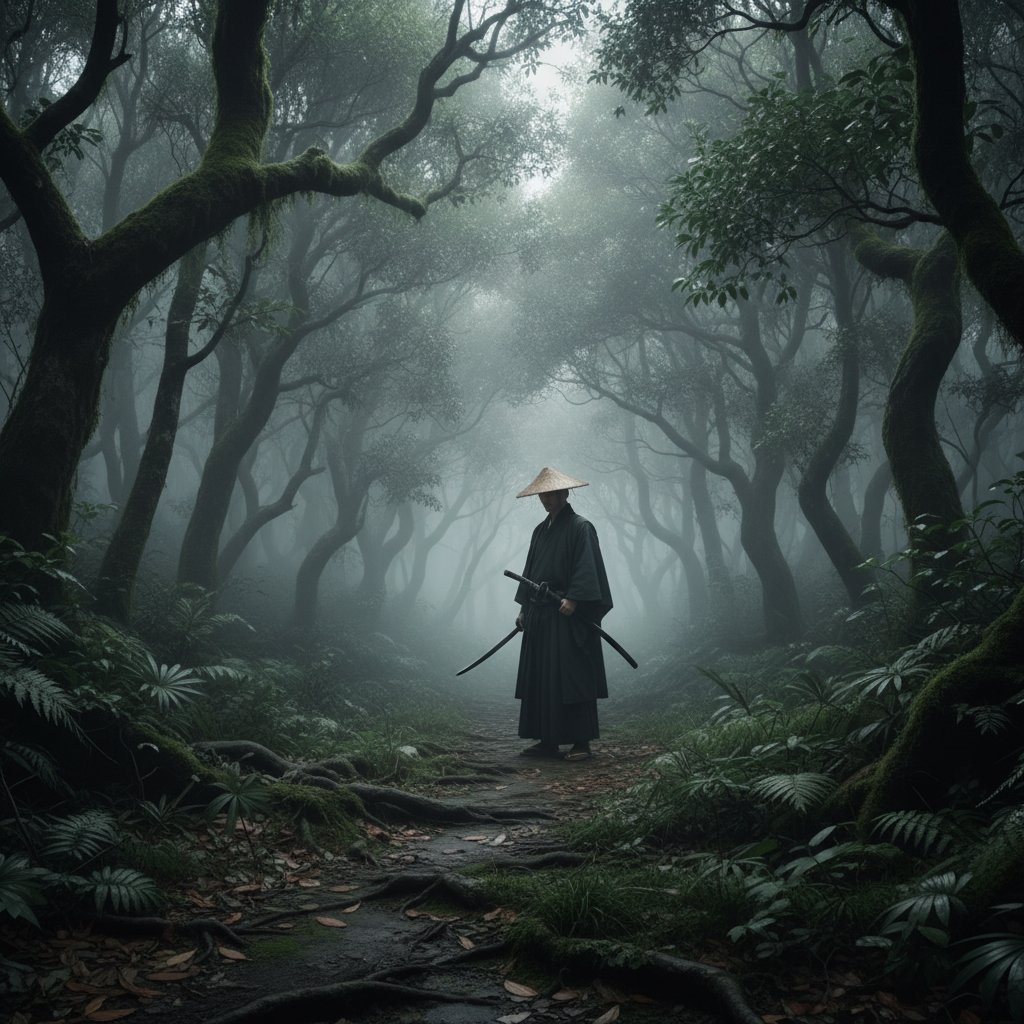 Moody forest scene with a lone figure, inspired by 'Dersu Uzala', mist and overgrown foliage, akira kurosawa movies