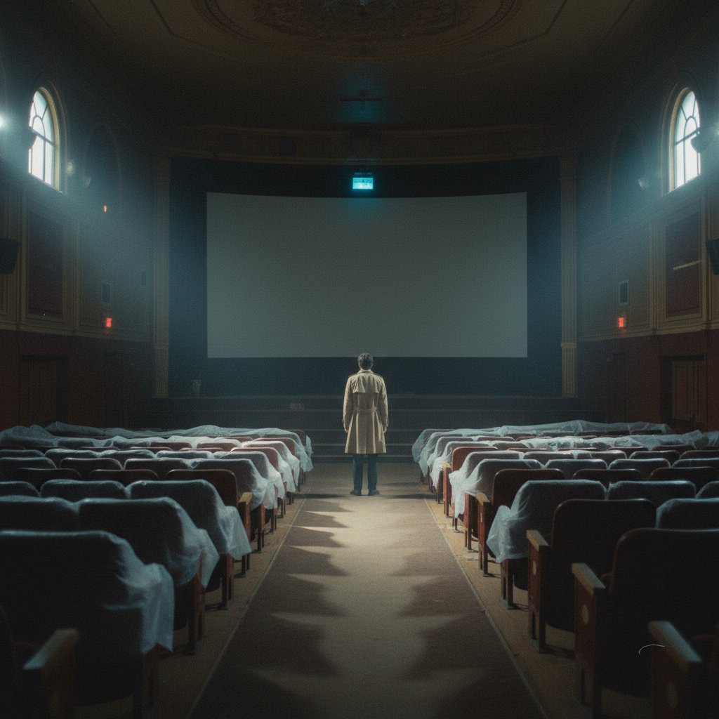 Moody grainy film still showing a lone figure in an empty theater, pure cinema atmosphere haunting