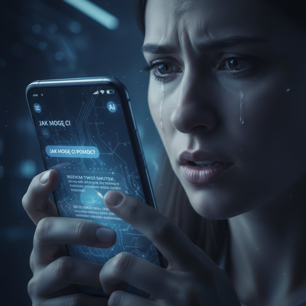 Nowoczesne narzędzia wsparcia emocjonalnego i NVC – Osoba korzystająca ze smartfona z polskojęzycznym interfejsem AI, emocjonalne napięcie