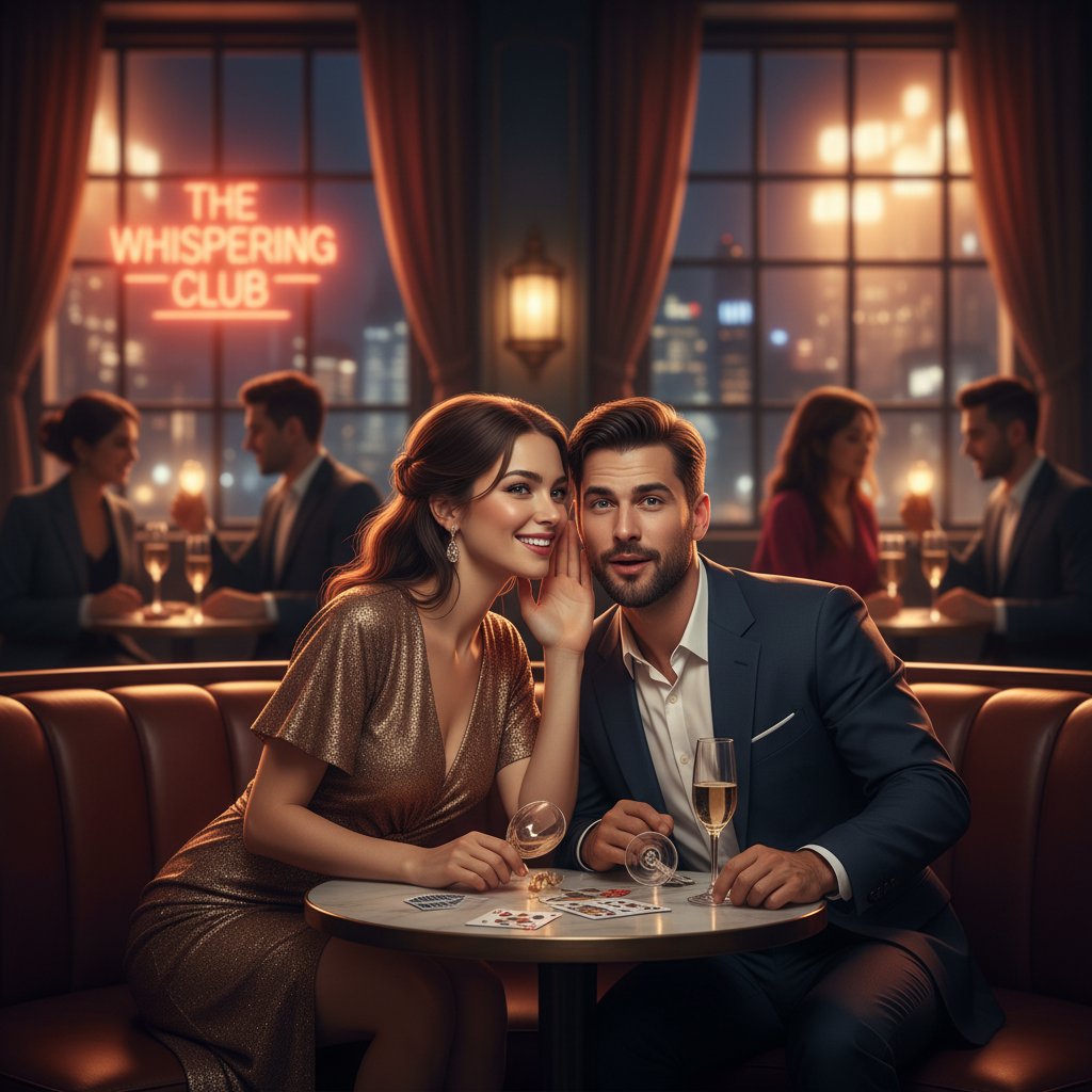 Moody interior scene of a couple whispering in a bustling café, urban night vibe, secret romance comedy setting