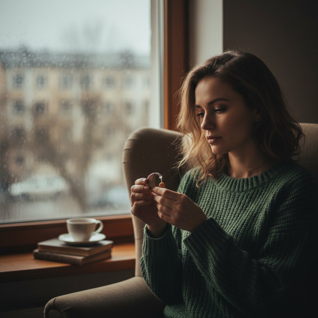 Kobieta w zadumie z aparatem słuchowym w dłoni