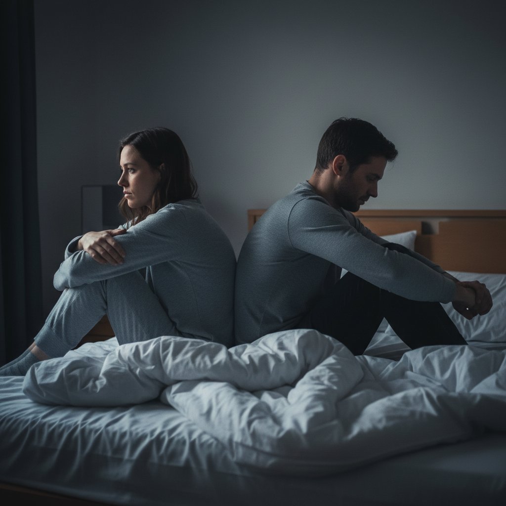 Wpływ opryszczki na relacje intymne – para siedząca osobno na łóżku, wyczuwalne napięcie, miękkie światło