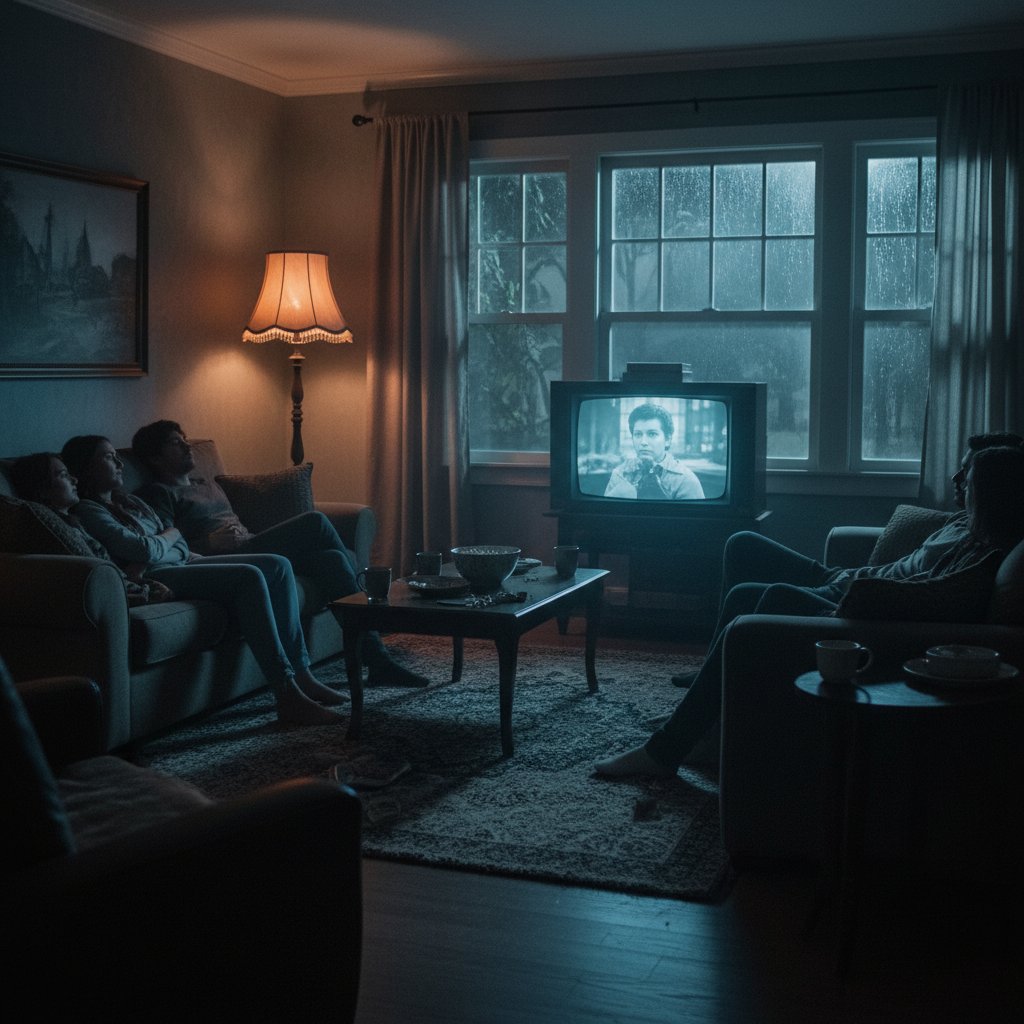 Moody shot of a living room with friends engrossed in a low-key film, soft lamp light. Alt: Friends intently watching a slow-paced movie at home, captivated by ordinary films.