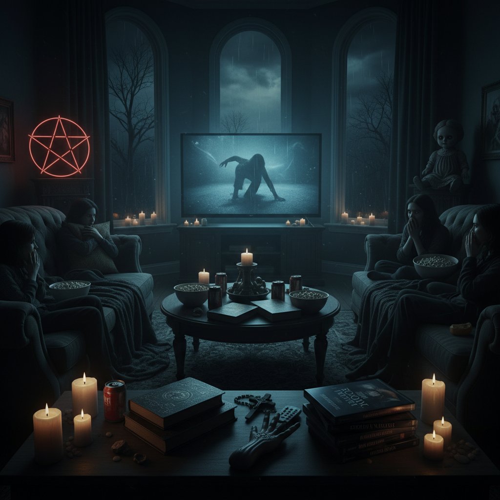 Atmospheric setup for exorcism movie marathon