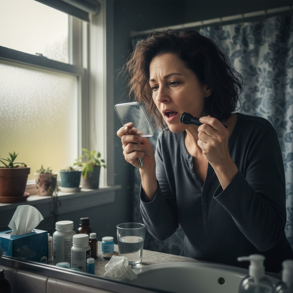 Kobieta sprawdza gardło w lustrze, obawiając się skutków ubocznych budezonidu, naturalne światło w łazience