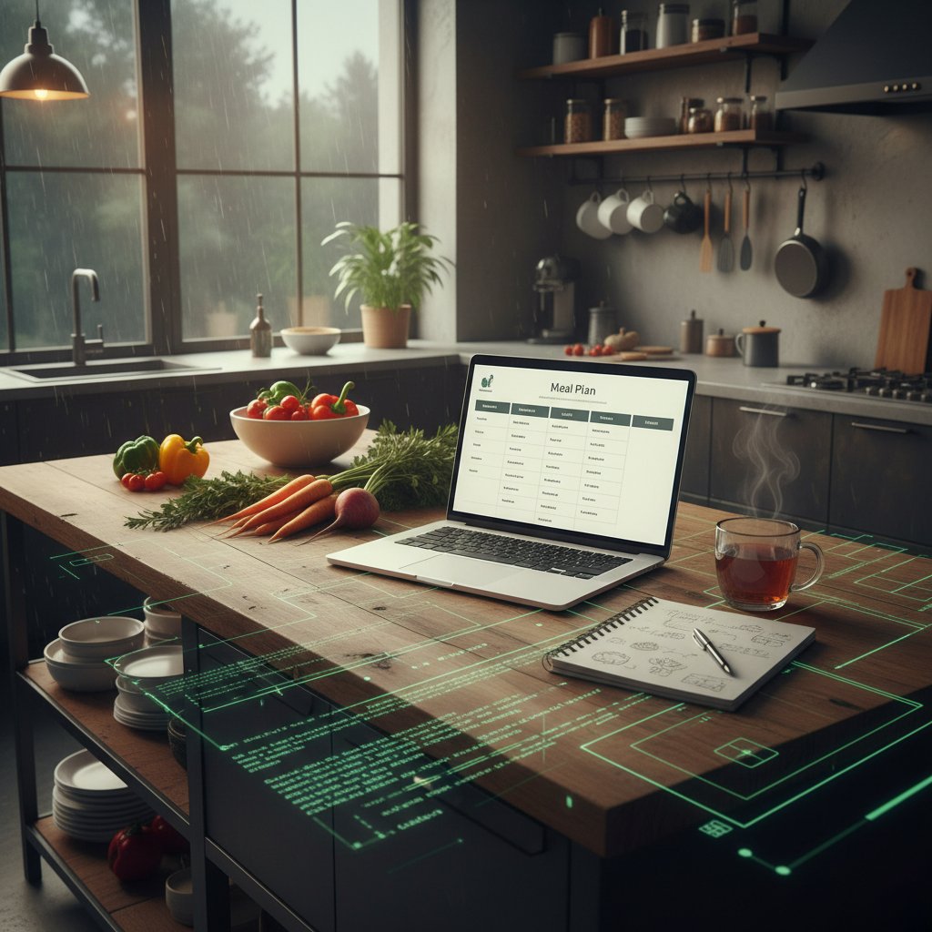 Laptop z planem posiłków tygodniowych online na ekranie, nowoczesna polska kuchnia wieczorem