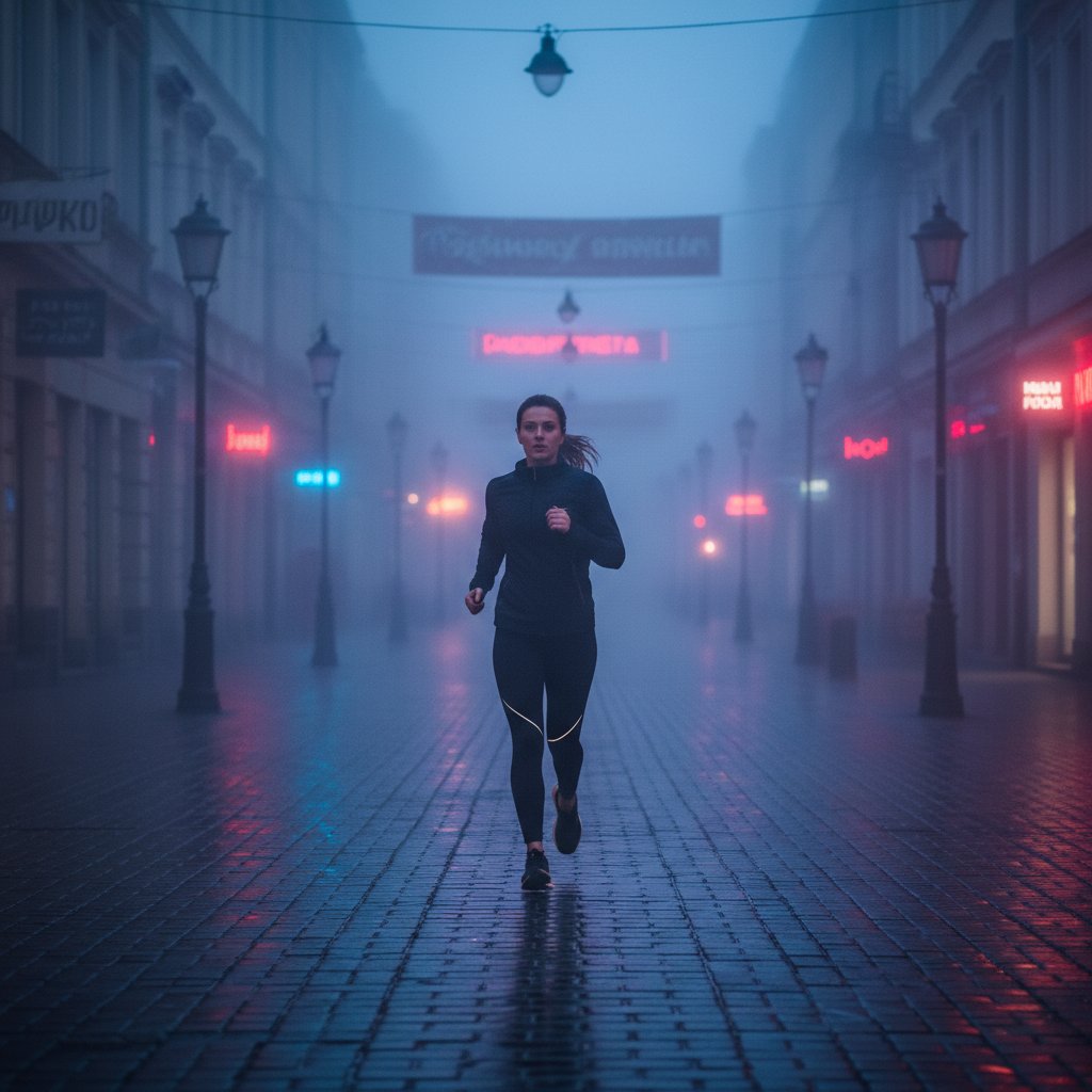 Młoda kobieta w legginsach wbiega przez pustą ulicę Warszawy o świcie, mgła, determinacja, klimat przed pracą