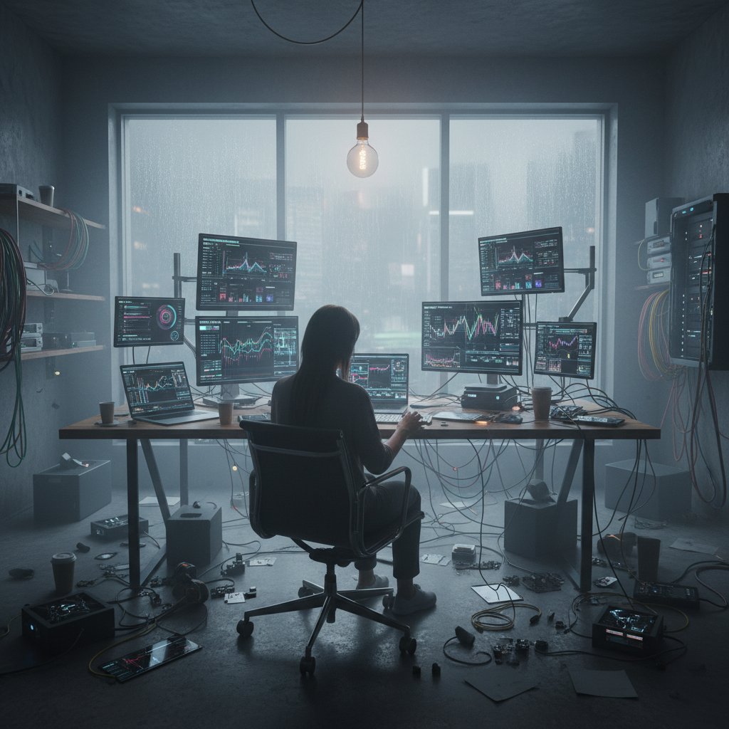 Pracownik analizujący dane na monitorach w ciemnym biurze, ukazujący wyzwania automatyzacji raportowania