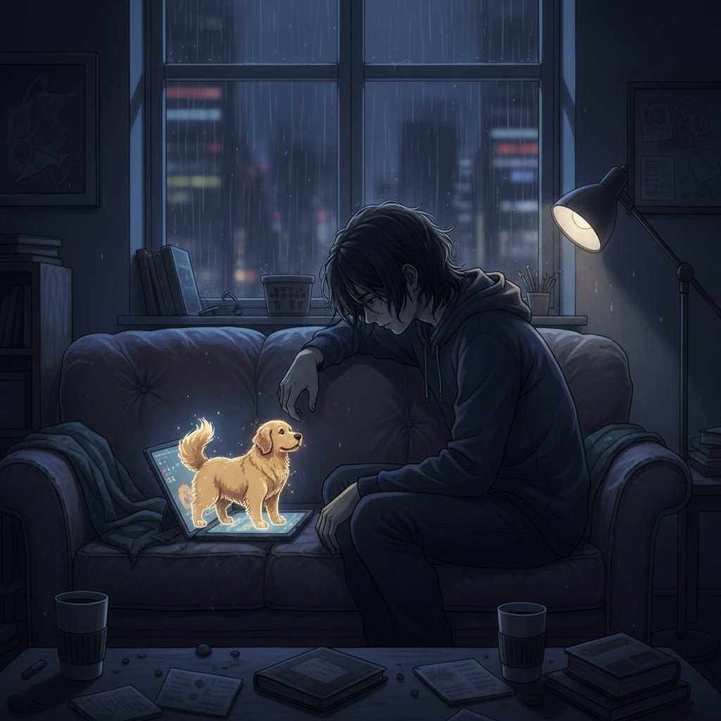 Osoba samotna przy ekranie z cyfrowym psem, obrazująca ryzyko izolacji społecznej